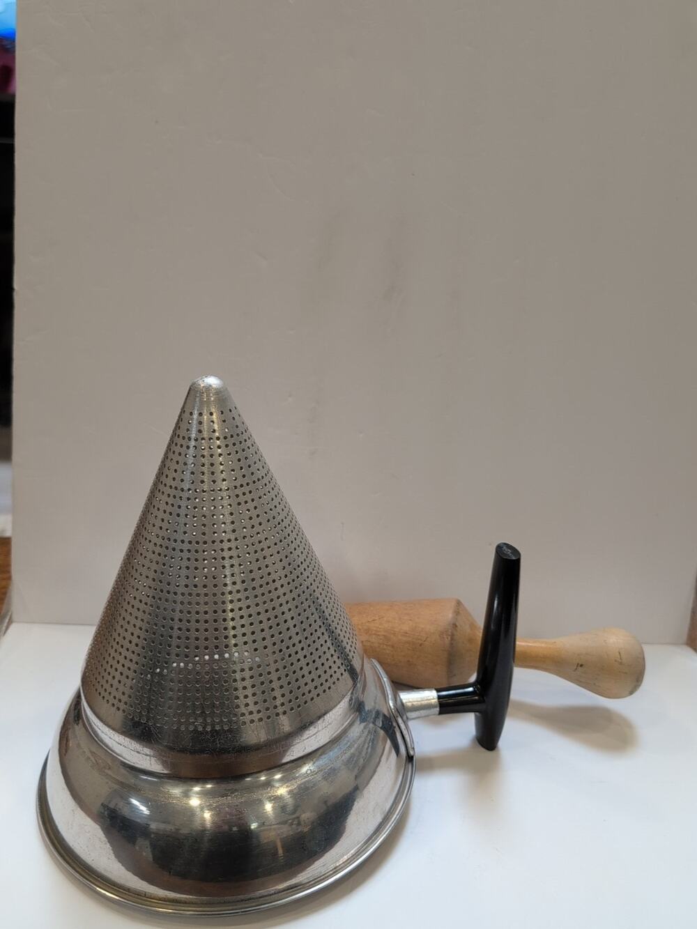 Vintage Cone Colander Strainer Sieve Aluminum With Wood Pestle Vintage